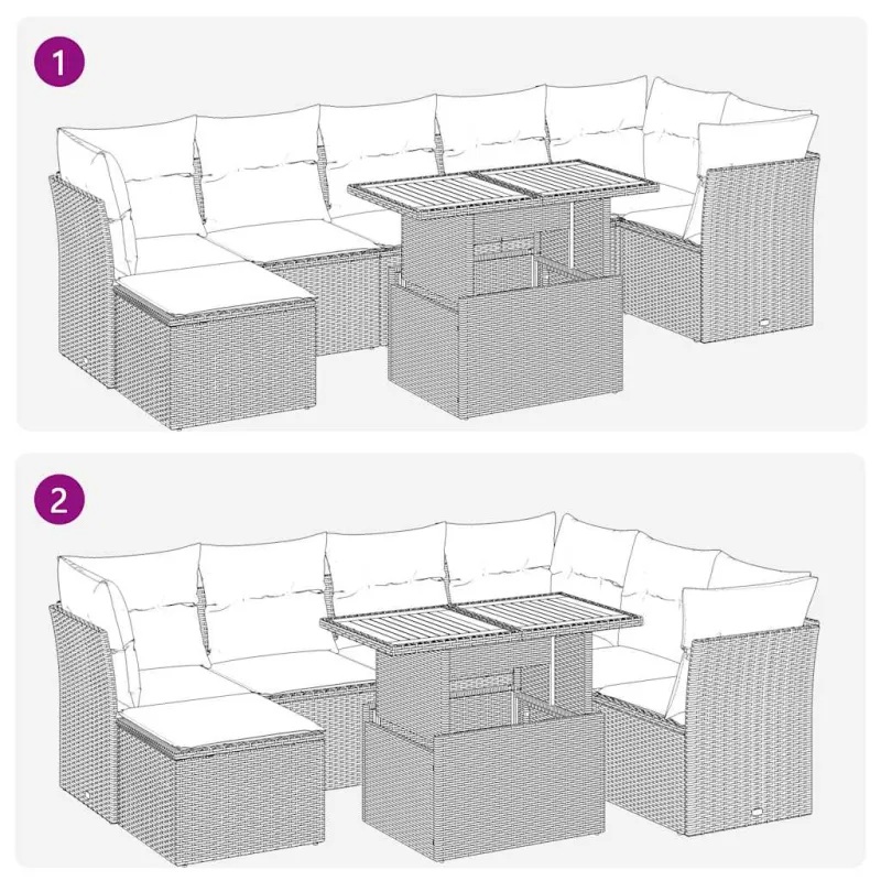 Sodo komplekti, 8 osaa, harmaa, polyrattana, tyynyt mukana