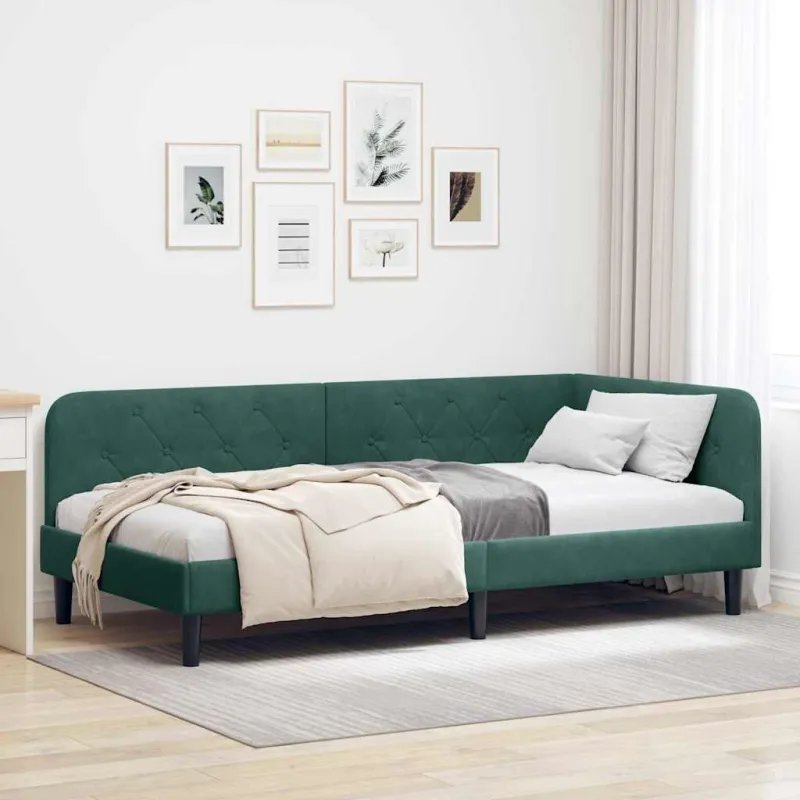 Kampinė lovos konstrukcija Tamsiai žalia 90 x 200 cm Aksomas