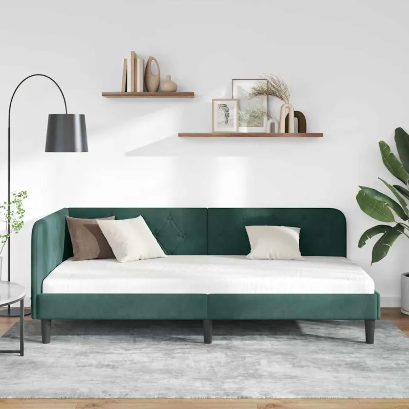 Kampinė lovos konstrukcija Tamsiai žalia 90 x 200 cm Aksomas