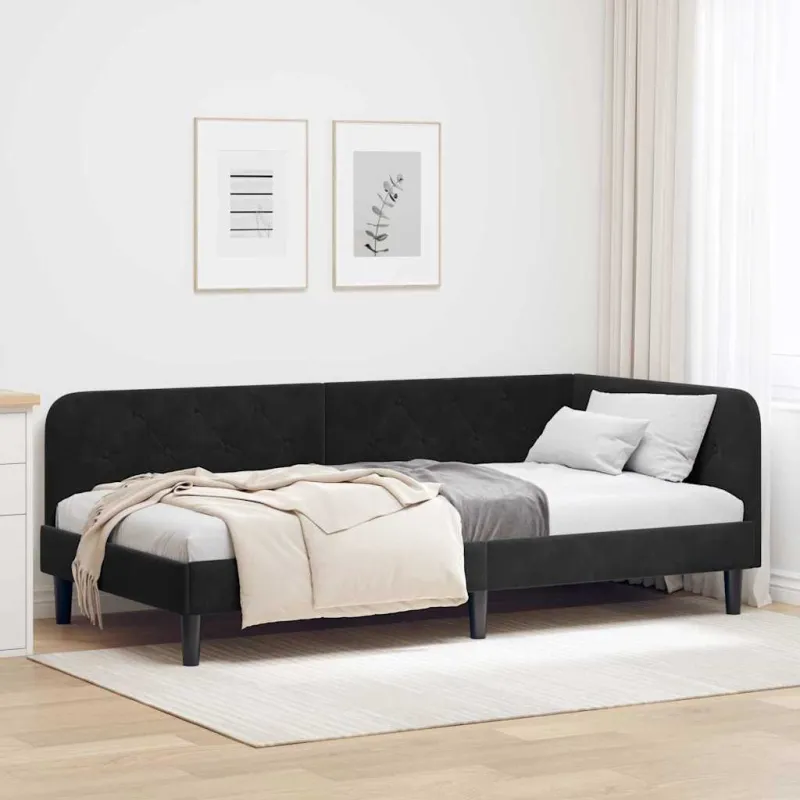 Kampinė lovos konstrukcija Juodas 90 x 200 cm Aksomas