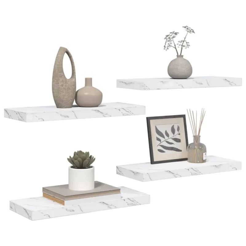 Sieninė lentyna su saugykla 4 pcs Balti marmuro 60 x 23 x 4 cm