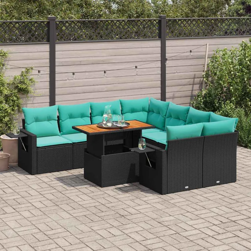 Sodo komplekti 9 osaa, mukaan pehmusteet, musta, polyrattana