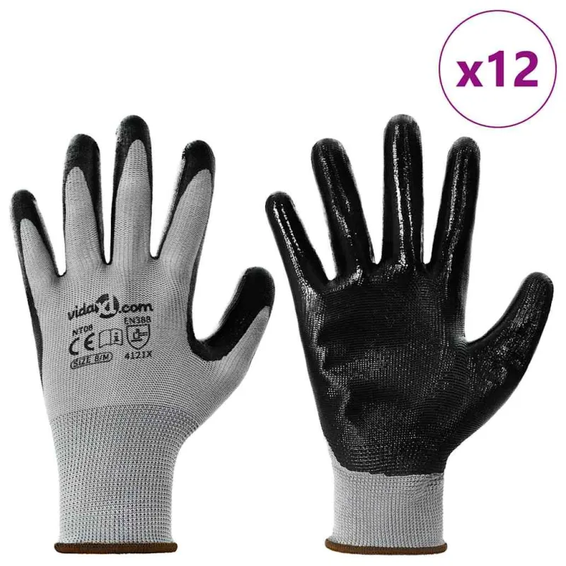 Darbo pirštinės 12 pcs Pilka ir juoda 8 / m Poliesteris