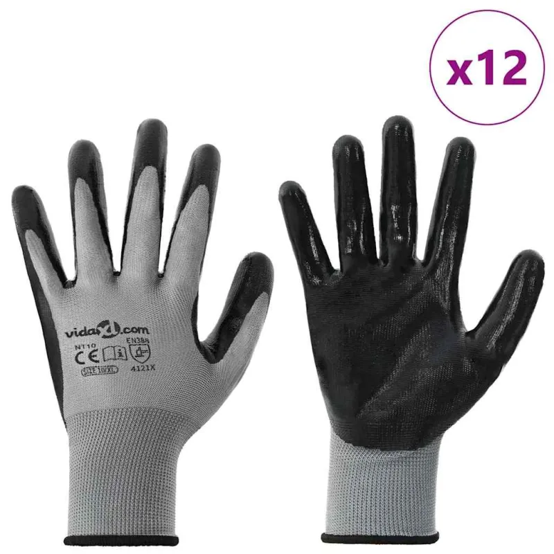Darbo pirštinės 12 pcs Pilka ir juoda 10 / xl Poliesteris