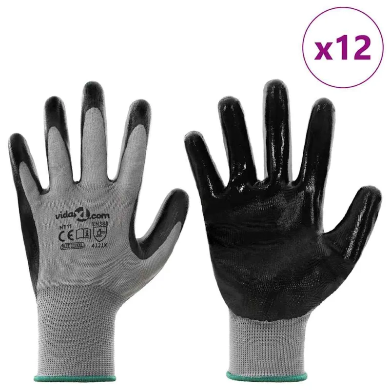 Darbo pirštinės 12 pcs Pilka ir juoda 11 / XXL Poliesteris