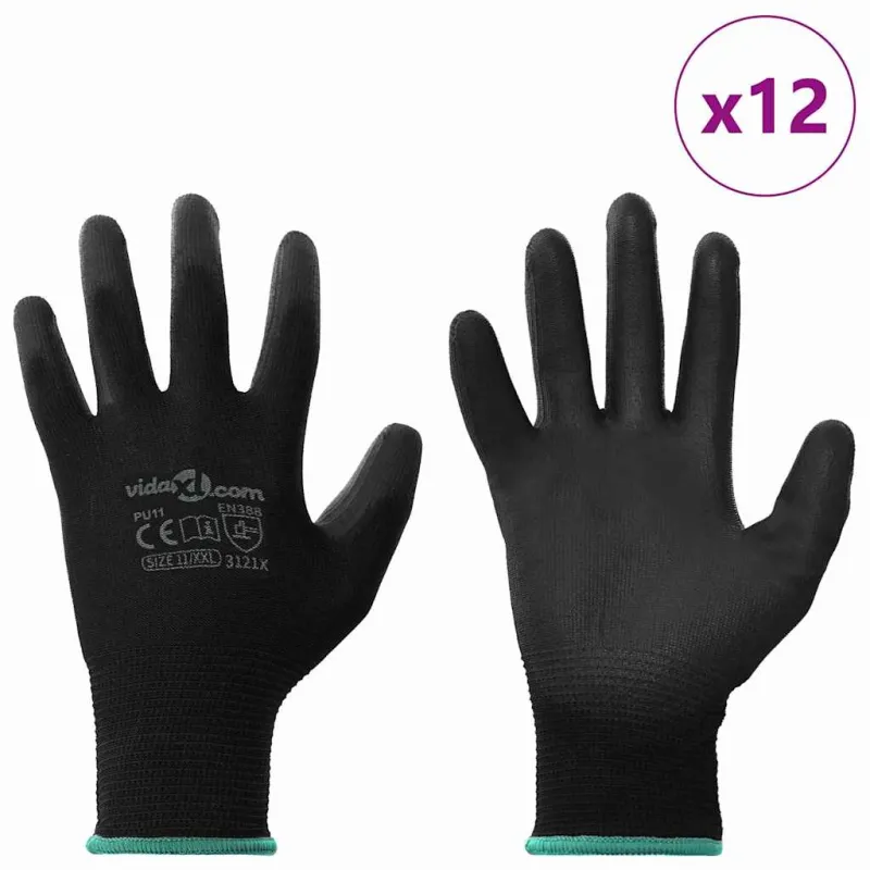 Darbo pirštinės 12 pcs Juoda 11 / XXL Poliesteris
