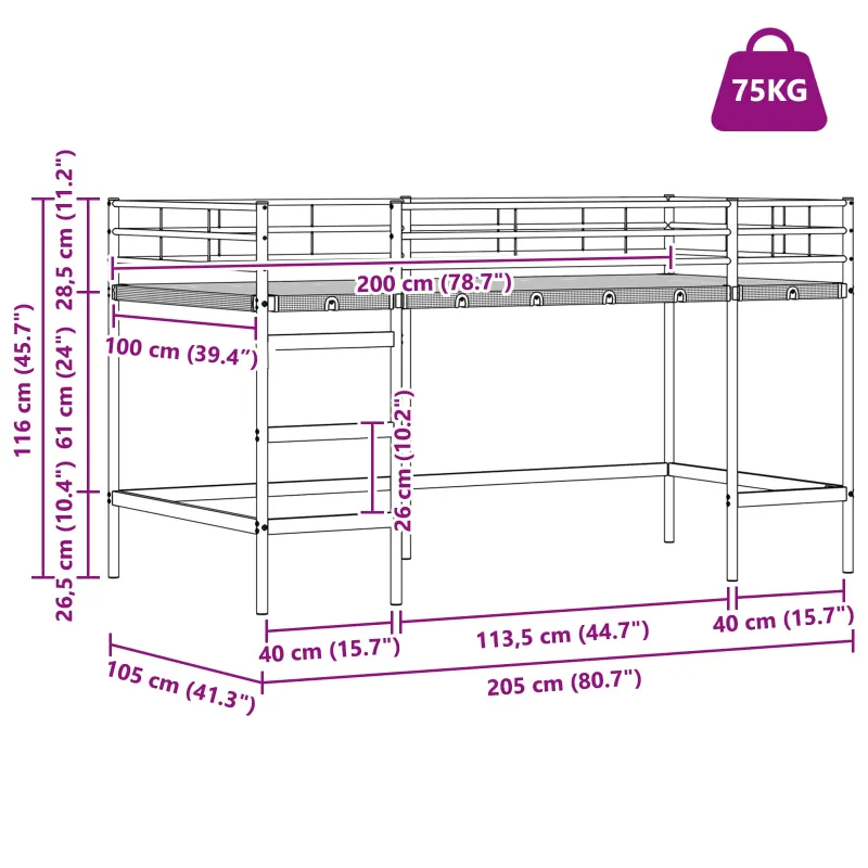 Vaikų Lofto Lovos Rėmas Juoda 99,5 x 200 cm Plienas