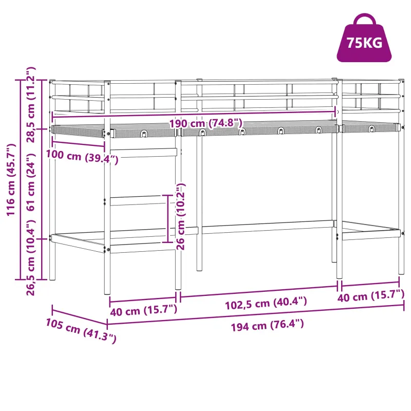 Vaikų Lofto Lovos Rėmas Balta 99,5 x 190 cm Plienas