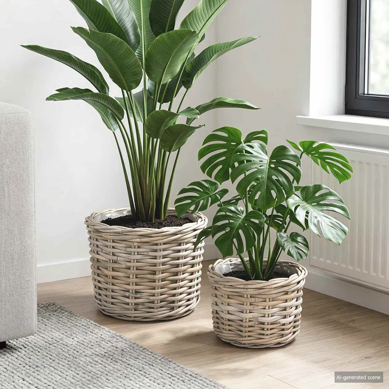 Gėlių krepšys su saugykla 2 pcs Pilka Kubu ratanas