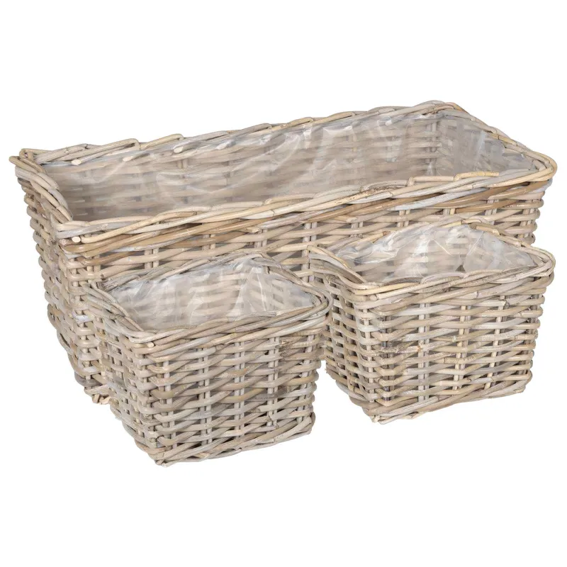 Vazonų krepšys su saugykla 3 pcs Pilka Kubu ratanas