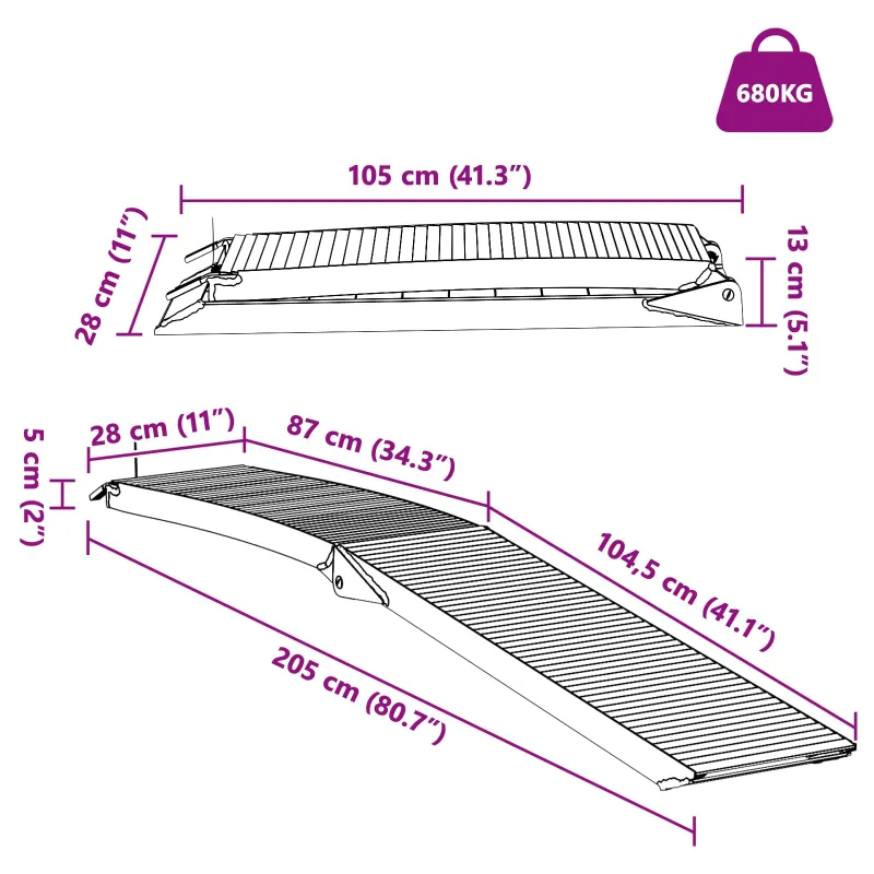 Motociklo rampos 680 kg 2 pcs Sidabro 205 x 28 x 5 cm Aliuminis