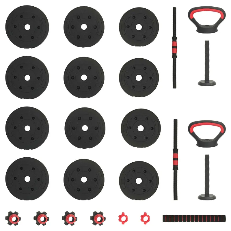 4-in-1 svorių rinkinys: hantelis, štanga, kestutis 20 kg