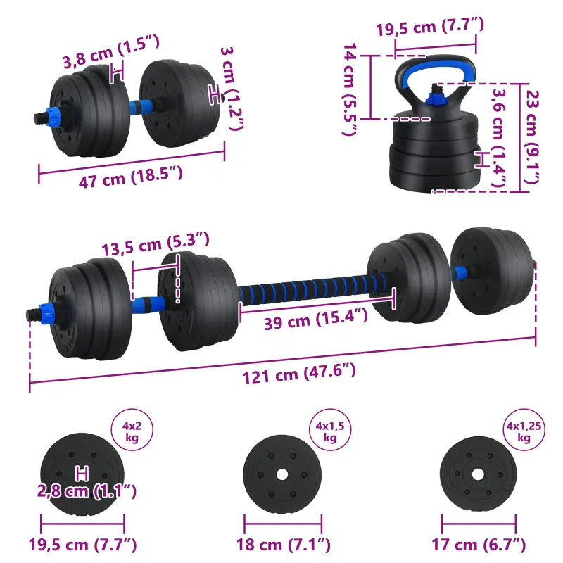 4-in-1 svorių rinkinys: hantelis, štanga, kestutis 20 kg