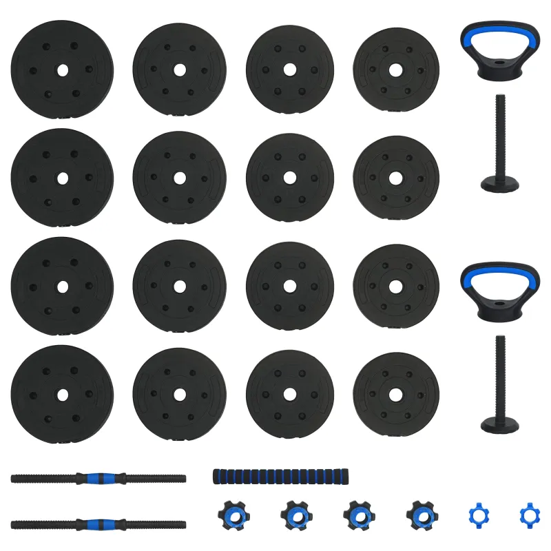 4-in-1 hantelių, štangos ir kettlebell rinkinys 30 kg