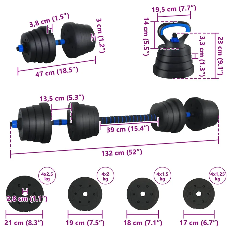 4-in-1 hantelių, štangos ir kettlebell rinkinys 30 kg