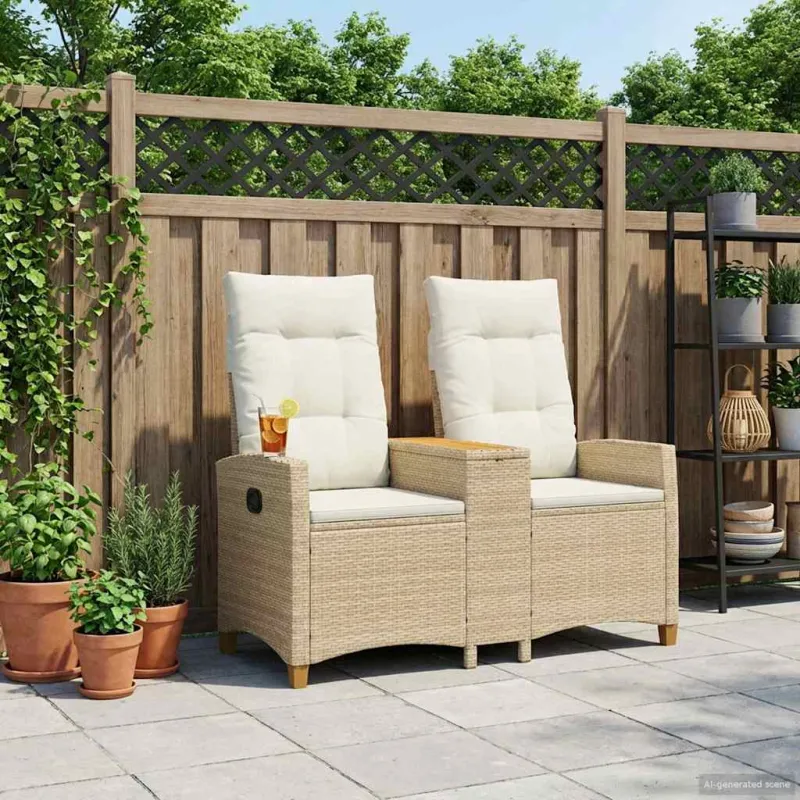 Reclining Bench with Table Bežė ir kreminė balta poliratanas
