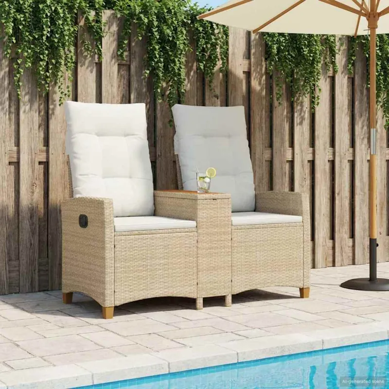 Reclining Bench with Table Bežė ir kreminė balta poliratanas