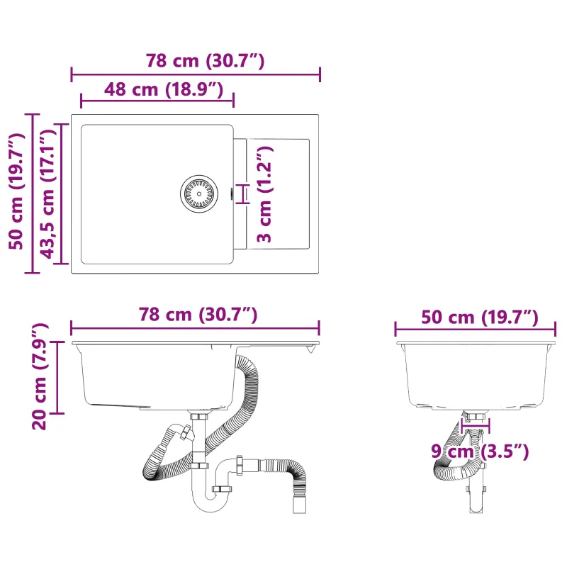 Kriauklė Balta 780 x 500 mm 80% Kvarcas ir 20% Derva