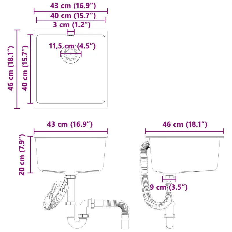Kriauklė Juoda 430 x 460 mm 80% Kvarcas ir 20% Derva