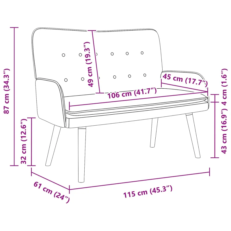 Dvitaškė sofa Turkio 115 x 61 x 87 cm Aksomas