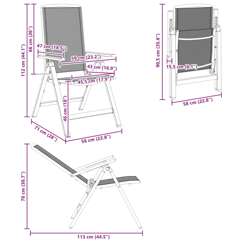 Sulankstomos sodo kėdės 2 pcs Juoda 58 x 71 x 112 cm