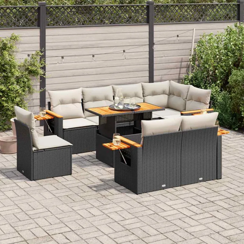 Sodo komplekti 9 osaa, pehmusteet, polyrattana / akaasia