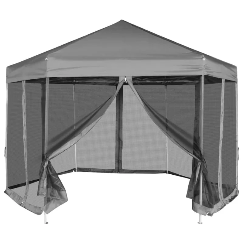 Šešiakampė sulankstoma pavėsinė, 6 sienelės, pilka, 3,6x3,1m