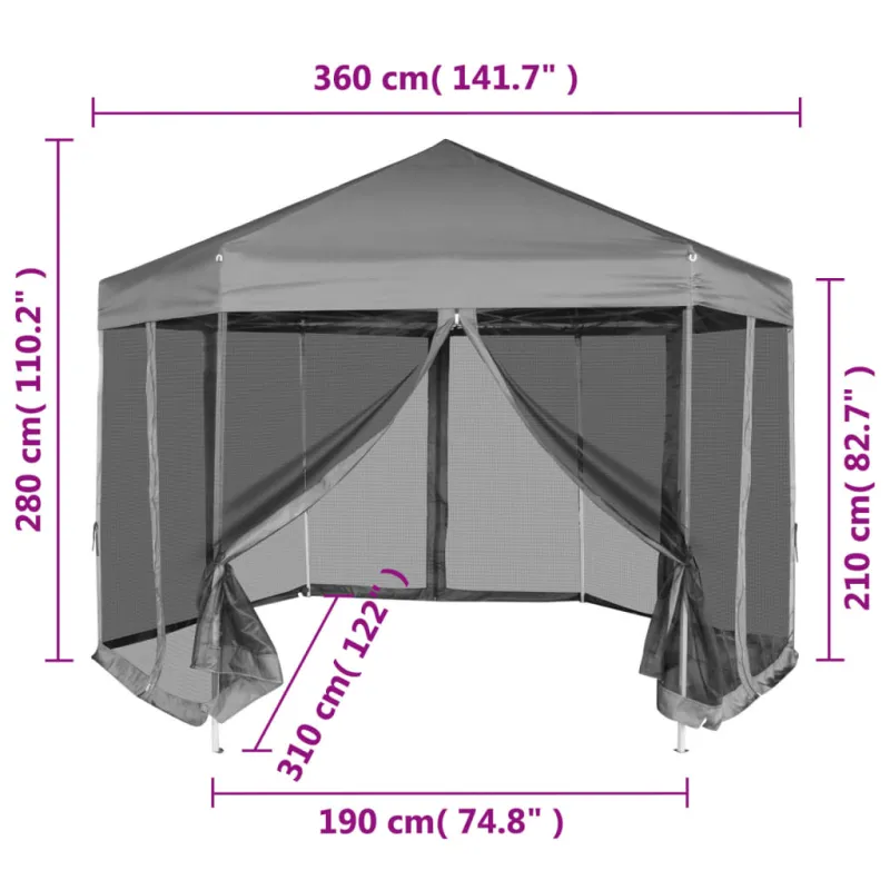 Šešiakampė sulankstoma pavėsinė, 6 sienelės, pilka, 3,6x3,1m