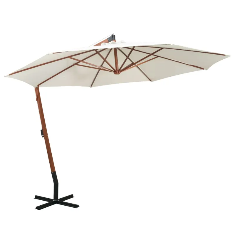 Pakabinamas skėtis nuo saulės, baltas, 350cm, medinis kotas
