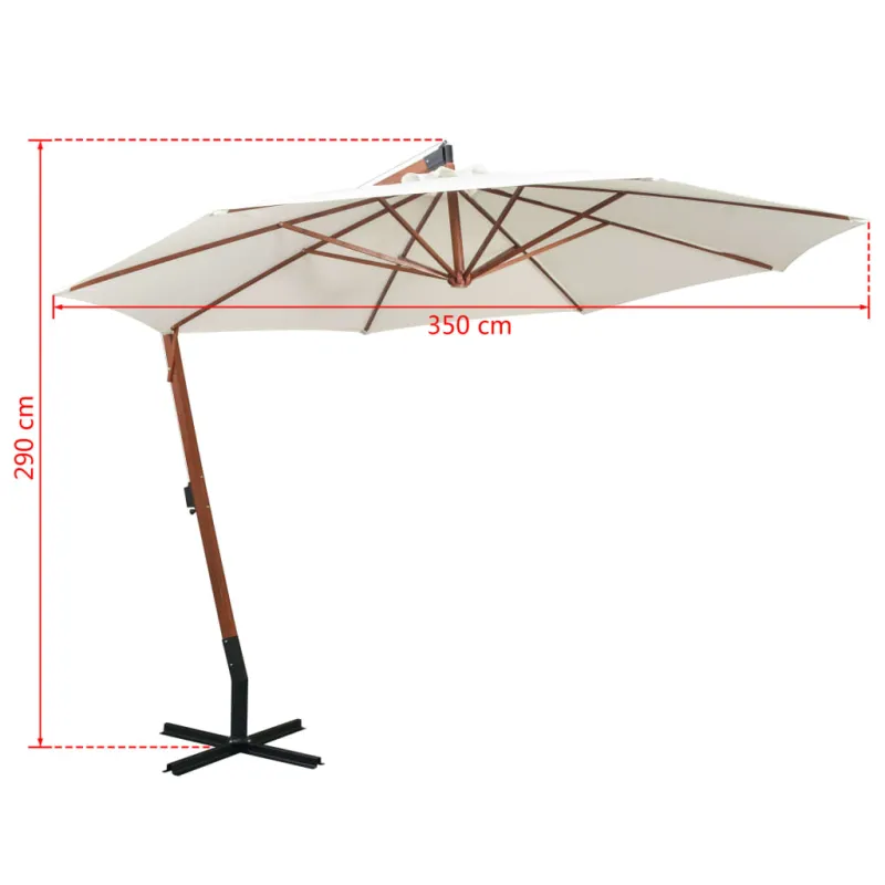 Pakabinamas skėtis nuo saulės, baltas, 350cm, medinis kotas