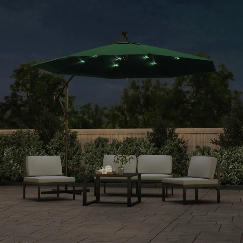 Pakabinamas skėtis su LED, žalias, 300cm, metalinis kotas