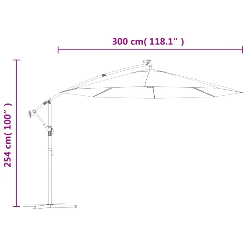 Pakabinamas skėtis su LED, smėlio, 300cm, metalinis kotas