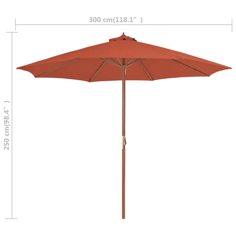 Lauko skėtis nuo saulės su mediniu stulpu, terakota, 300cm