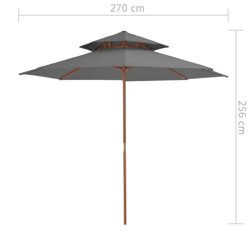 Skėtis su mediniu stulpu, antracito, 270cm, su dvigubu stogu