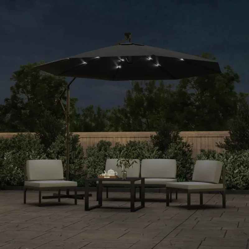 Gembinis skėtis su LED ir plieniniu stulpu, antracito, 300cm