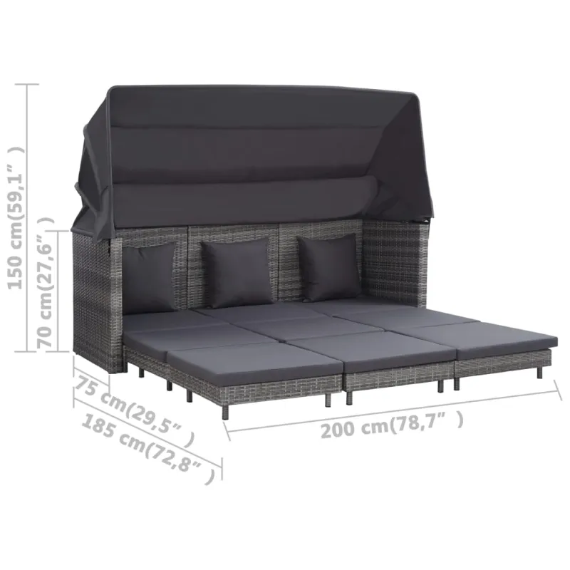 Ištraukiama trivietė sofa-lova su stogeliu, pilka, poliratanas