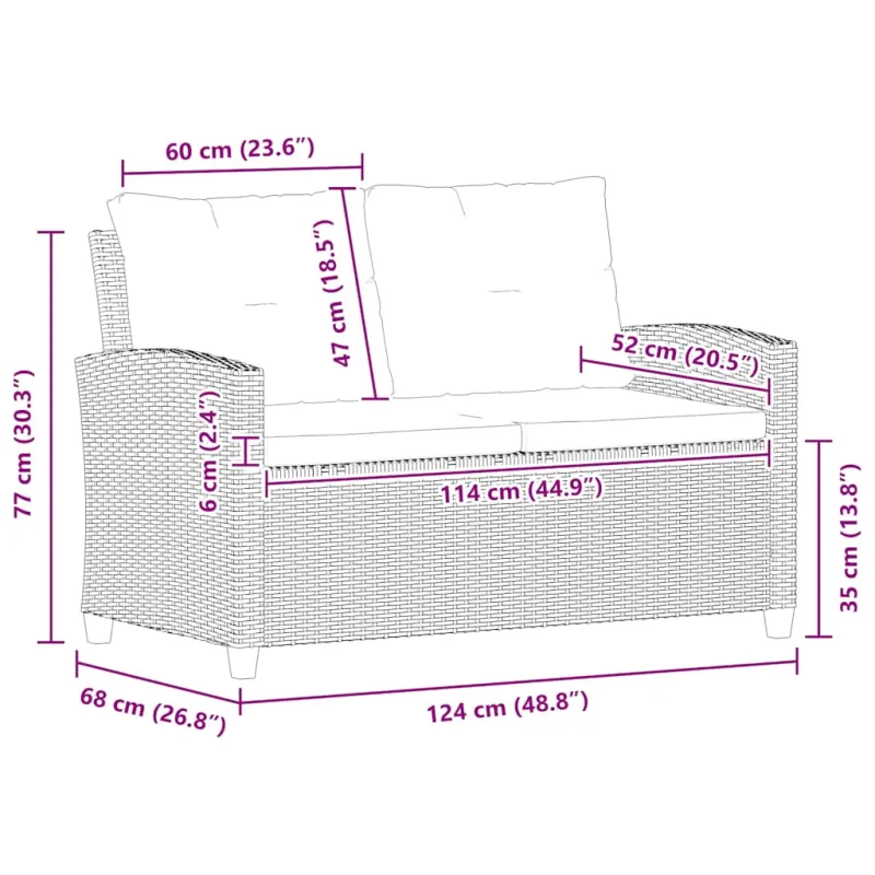 Dvivietė sodo sofa su pagalvėlėmis, juoda, 124cm, poliratanas