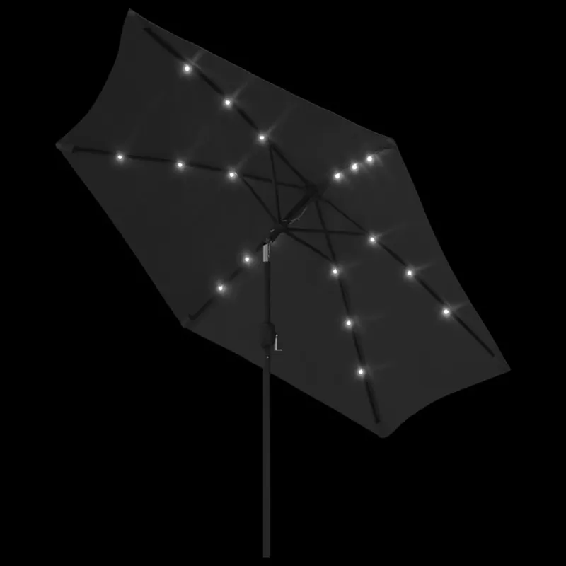 Lauko skėtis su LED ir plieniniu stulpu, juodas, 300cm