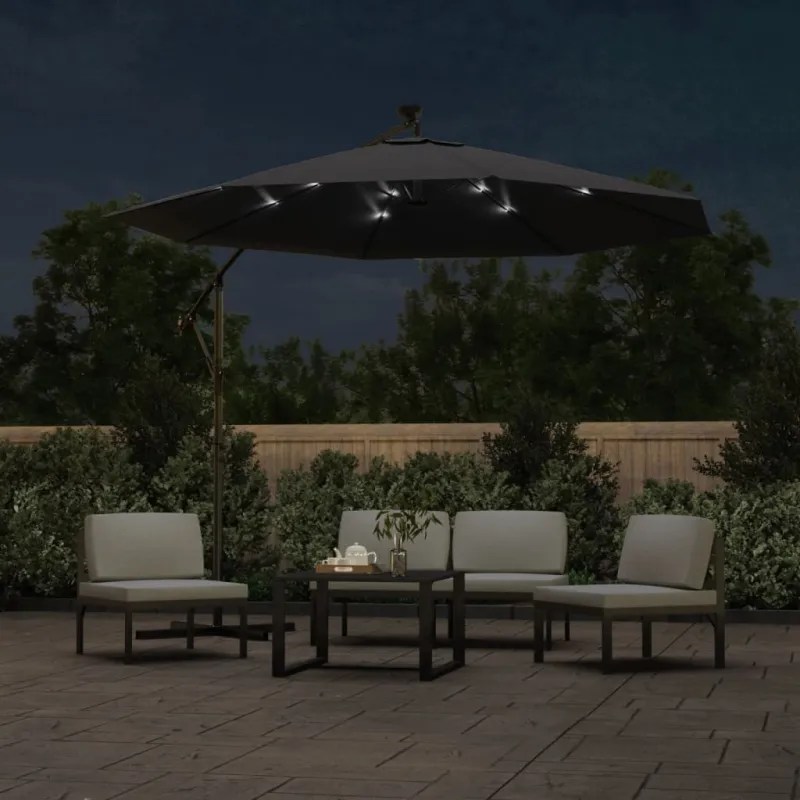 Gembinis skėtis su LED ir plieniniu stulpu, juodas, 300cm