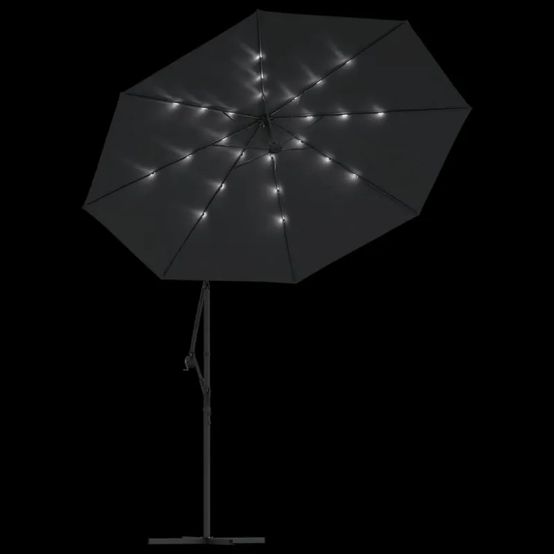 Gembinis skėtis su LED ir plieniniu stulpu, juodas, 300cm