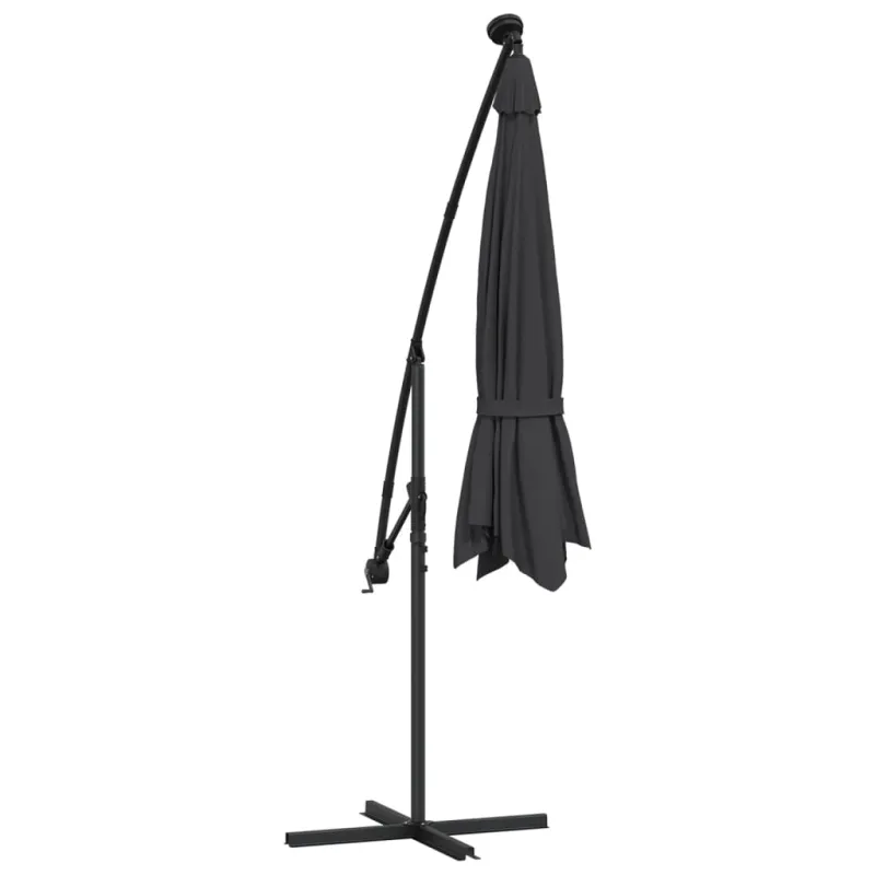Gembinis skėtis su LED ir plieniniu stulpu, juodas, 300cm