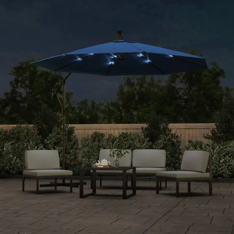 Gembinis skėtis su LED ir plieniniu stulpu, mėlynas, 300cm