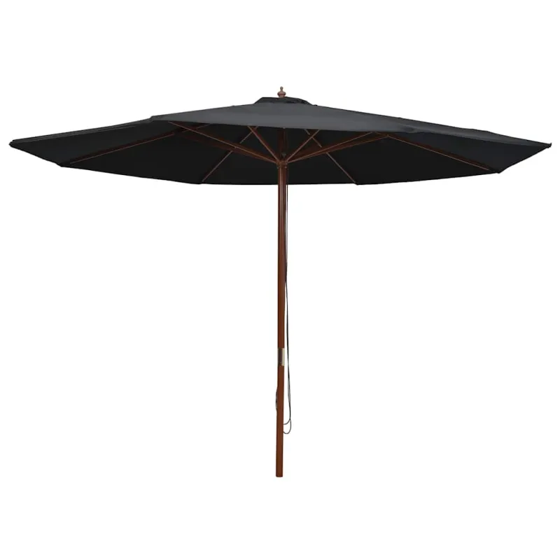 Lauko skėtis nuo saulės su mediniu stulpu, juodas, 350cm