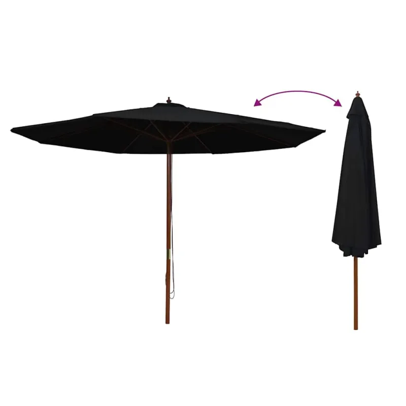 Lauko skėtis nuo saulės su mediniu stulpu, juodas, 350cm