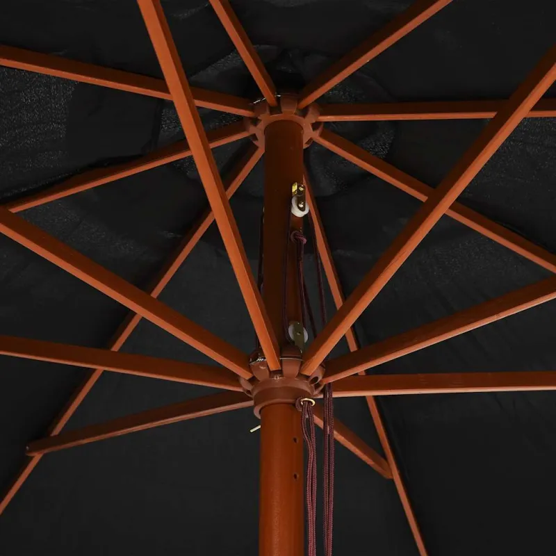 Lauko skėtis nuo saulės su mediniu stulpu, juodas, 350cm