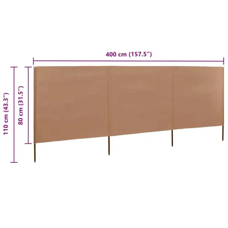 Uždanga nuo vėjo, 3 plokštės, taupe spalvos, 400x80cm, audinys