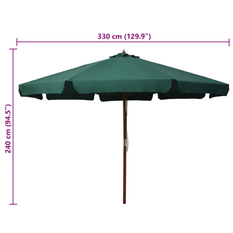 Lauko skėtis nuo saulės su mediniu stulpu, žalias, 330cm
