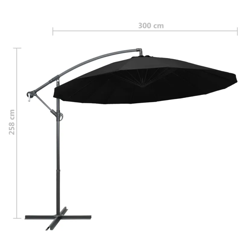 Kabantis skėtis nuo saulės, juodas, 3m, aliuminio stulpas