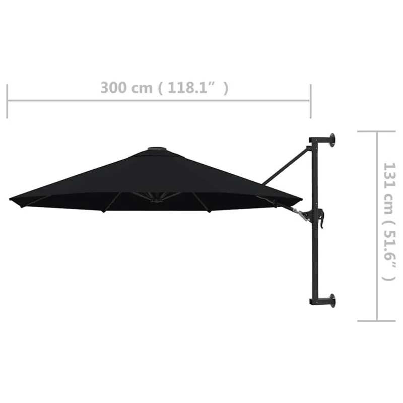 Prie sienos montuojamas skėtis su stulpu, juodas, 300cm
