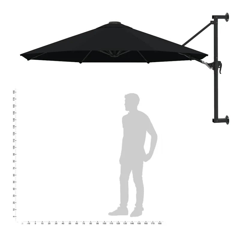 Prie sienos montuojamas skėtis su stulpu, juodas, 300cm